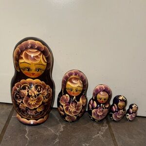 Hand-Painted Black and Gold Floral Matryoshka Nesting Dolls